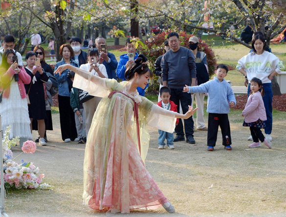清明假期期間，上海顧村公園櫻花島上，游客在觀賞國風漢服快閃表演。（圖片來源：視覺中國）